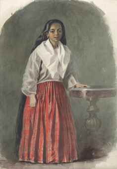 an old painting of a woman in a red skirt and white shirt holding a tray