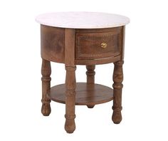 a wooden table with a marble top and two drawers on one side, against a white background