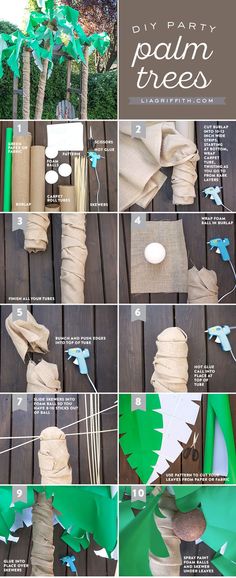 the steps to make a diy palm tree with paper and twine on it