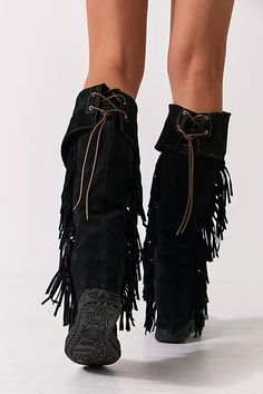 Drifter Tall Mocc Boots | Free People Fringe Boots Outfit, Fringe Clothes, Tassel Boots, Moves Like Jagger, Suede Moccasins, Fringe Boots, Stockholm Fashion, Footwear Design Women, Fringe Trim