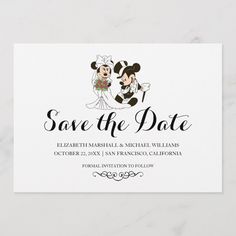 the mickey and minnie wedding save the date card is printed on white paper with black ink