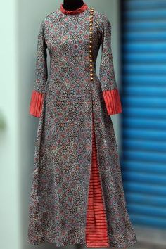 a-line dress - ether & the yellow star Suit Patiala, Long Kurta Designs, Angrakha Anarkali, Mode Batik, Honey Dressing, Batik Kombinasi, High Collar Dress, Vestidos Retro, Wedding Lehengas