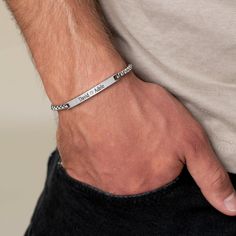 "Looking for a gift for your man? You've found the perfect item for this!  Introducing our eye-catching and stylish custom stainless steel bar bracelet designed exclusively for men. This sleek accessory is available in three timeless colors: silver, gold, and black. Expertly crafted from premium-grade stainless steel, this bracelet showcases both durability and sophistication. With its customizable bar pendant, you can add initials, a special date, or a meaningful word, making it the perfect personalized gift for yourself or a loved one. The adjustable chain ensures a comfortable fit, while the secure lobster clasp ensures it stays securely on your wrist. Elevate your style with this contemporary and versatile bar bracelet that exudes both modern charm and timeless appeal. Waterproof Brace Adjustable Stainless Steel Bracelets With Engraved Text, Adjustable Stainless Steel Bracelet With Engraved Text, Father's Day Stainless Steel Bracelets With Engraving Option, Engraved Rectangular Bracelets For Friendship, Father's Day Engraved Wristband, Father's Day Engraved Stainless Steel Bracelets, Father's Day Stainless Steel Engraved Bracelets, Father's Day Engraved Stainless Steel Wristband, Father's Day Stainless Steel Engraved Wristband