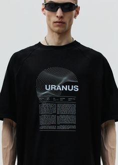 Oversized unisex t-shirt. Features a unique print in URANUS edition. Made with high quality materials. Material: 95% cotton, 5% elastane Model wears: L sizeModels height: 187 cm Techwear Crew Neck T-shirt With Screen Print, Techwear Crew Neck T-shirt With Letter Print, Techwear Crew Neck Graphic Print T-shirt, Techwear Crew Neck T-shirt With Graphic Print, Crew Neck Techwear T-shirt With Graphic Print, Techwear Graphic Print Crew Neck T-shirt, Relaxed Fit Techwear T-shirt With Graphic Print, Black Man, Short Leggings