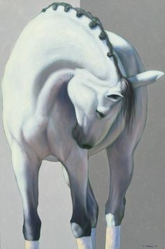 a painting of a white horse bending down