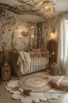 a baby's room is decorated in neutral tones and features a crib, tree stumps, lights, and rugs