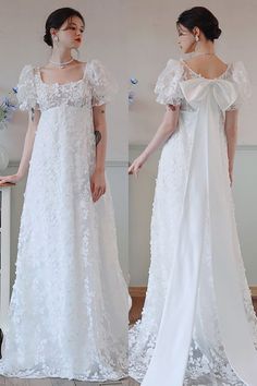 Vintage Wedding Dresses With Sleeves, Regency Era Wedding Dress, Victorian Era Wedding Dress, 1910s Wedding Dress, Bridgerton Wedding Dress, Puff Sleeves Wedding Dress, Wedding Dress Empire Waist, Lace Satin Wedding Dress, Regency Wedding Dress