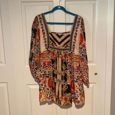 Nwot Anthropologie Nikasha Floral Mini Dress Size Medium Bohemian Square Neck Dress For Brunch, Festival Multicolor Floral Print Mini Dress, Festival Floral Print Multicolor Dress, Festival Multicolor Floral Print Dress, Pink Bohemian Dress With Square Neck, Pink Bohemian Square Neck Dress, Bohemian Pink Square Neck Dress, Patterned Long Sleeve Floral Tunic, Printed Long Sleeve Festival Dresses