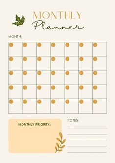 a printable planner for the month with leaves and dots on it's side