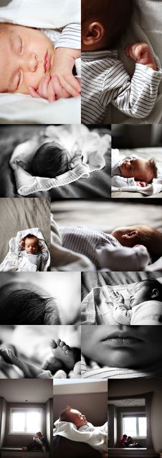 multiple images of a baby sleeping on a bed