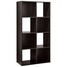 a black bookcase with four shelves on each side