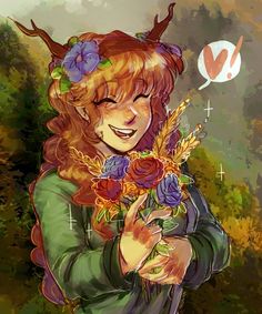 a drawing of a girl with horns holding flowers in her hands and smiling at the camera