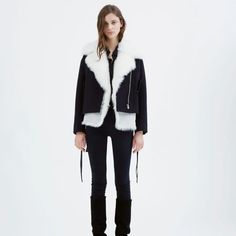 Never Worn, W/O Tags. 2-Piece Coat: Black Jacket W/ Black Lamb Shearling (Photos Of White Shearling And Navy Coat Combination Only For Clearer Representation). Fits Large On Me So Never Wore It. Removable Sleeveless Shearling Vest Gives This Classic Jacket A Luxurious Update. Wear Separately Or Layer For A Chic Style. Front Zip Closure. Sleeves With Lace-Up Cuffs. Two Snap-Flap Front Pockets. Concealed Hook-And-Eye Closure On Vest. Fabric: 52%Cotton/39%Wool/9% Polyamide Lining: 51%Cotton/49%Visc Navy Coat, Shearling Vest, Navy Jacket, Classic Jacket, Black On Black, Black Jacket, Dark Navy, Vest Jacket, Chic Style