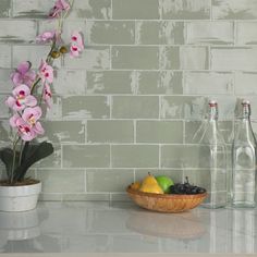 a bowl of fruit sitting on top of a counter next to bottles and vases