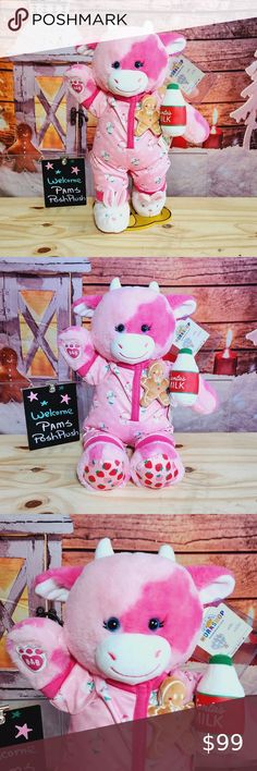 Build A Bear Strawberry Cow Snowman Christmas Sleeper Pink Milk & Cookie Wristie Strawberry Cow Build A Bear, Cow Build A Bear, Plush Store, Strawberry Cow, Pink Milk, Milk Cookies, Snowman Christmas