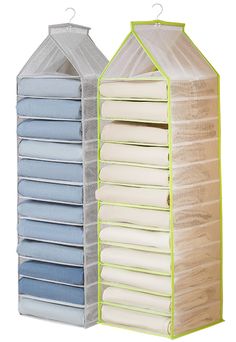 two storage racks with different types of clothes