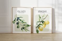 two lemons are hanging on the wall next to each other with leaves and olives