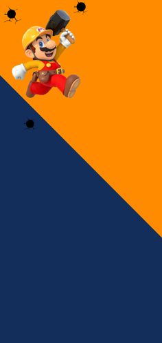 an orange and blue background with mario running