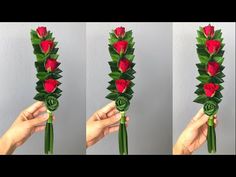 three different images of roses being held in one hand and the other with leaves on it