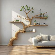 a living room with a white couch and wooden shelves on the wall next to a tree