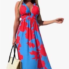 Super Fun Floor-Length Halter Tie Maxi Dress With Side Zipper. Perfect For Spring Break, Summer Vacation, Pool Parties. Nwot. V-neck Printed Maxi Dress For Day Out, V-neck Beach Dress For Vacation, Long V-neck Dress For Beach, Blue V-neck Beach Dress For Day Out, Blue V-neck Dress For Beach Season, Printed V-neck Beach Dress For Day Out, Blue V-neck Dress For Spring Beach Outing, Beach V-neck Maxi Dress, Blue V-neck Maxi Dress For Day Out