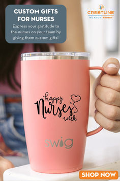 a woman holding a pink coffee cup with the words happy nurses on it and an arrow