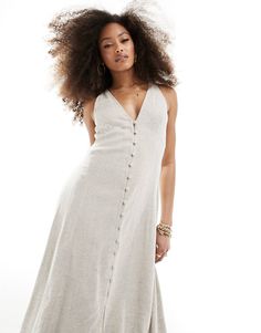 ASOS DESIGN button down linen midi dress with full skirt in oatmeal | ASOS Beige Sleeveless Midi Dress With Buttons, Neutral V-neck Midi Dress For Summer, Summer Neutral V-neck Midi Dress, Sleeveless Beige Midi Dress With Button Closure, Beige Sleeveless Midi Dress With Button Closure, Spring Linen Midi Dress With Button Closure, Summer Linen V-neck Dress With Buttons, Linen Midi Dress With Button Closure, Sleeveless Neutral Linen Midi Dress