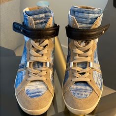 Barbara Bui High Top Sneakers Size 38! I Am A Size 7 And These Will Still Fit You!! Has A Denim Print With Black Straps Around The Ankle. Has Tucked In Laces Shown In Pics. Kept In Excellent Condition With Minor Wear. Free Priority Same Day Shipping! All Offers Are Welcome! Designer High-top Sneakers With Removable Insole, Designer High-top Sneakers For Spring, Denim Print, Barbara Bui, High Top, Top Sneakers, High Top Sneakers, Size 7, Women Shoes