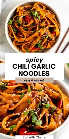 spicy chili garlic noodles in a white bowl with chopsticks on the side and text overlay