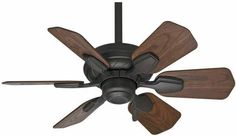 a ceiling fan with three wooden blades on the top and two dark wood blades on the bottom