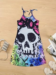 Peilia - Stylish Plus Size Gothic Summer Maxi Dress - Womens Skull & Floral Print Cami Dress with Medium Stretch and Round Neckline Black Halloween Beach Dresses, Sleeveless Skull Print Party Dress, Black Skull Print Dress For Summer, Casual Skull Print Dresses For Spring, Black Skull Print Summer Dress, Casual Skull Print Spring Dresses, Summer Black Dress With Skull Print, Sleeveless Summer Dresses With Skull Print, Casual Black Dress With Skull Print