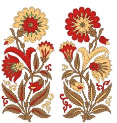 two red and yellow flowers with leaves on white background, one is in the shape of a flower