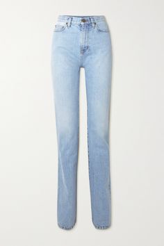 SAINT LAURENT's 'Janice' jeans are made from slightly stretchy denim in a classic light-blue wash. They have straight legs and sit high on the waist, so you could tuck a tank or logo tee in. Jean Trench Coat, Stretchy Jeans, Light Blue Jeans, Light Blue Denim, Short En Jean, Logo Tee, Light Wash Jeans, Jil Sander, Logo Tees