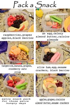 the instructions to pack a snack in a plastic container with fruit, crackers, grapes, apples, almonds, and cranberries