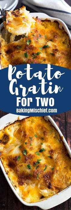 two casserole dishes with text overlay that reads potato gratine for two