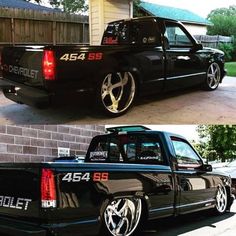 two pictures side by side of a black pickup truck with chrome wheels and rims