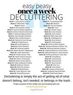 a poster with the words, easy peasy once a week decluttering