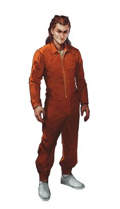 a man in an orange jumpsuit standing with his hands on his hips