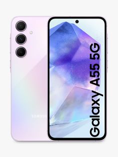 the new samsung galaxy s9 is shown in white and purple with black lettering on it