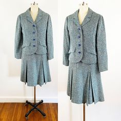 "1970's Pendleton suit in blue and white wool donegal tweed skirt and matching jacket. The skirt has a size nylon zipper and hook and eye closure, high waist style, fitted waist, a-line skirt with two front pleats and fully lined. The jacket has classic blazer silhouette, pointed collar, long sleeve, darted bust, button front and two hip pockets, and fully lined. The Pendleton label dates the suit circa 1970. It is in perfect vintage condition, no flaws to note, dry clean only and ready to wear. Tailored Fall Skirt Suit With Buttons, Fitted Tweed Skirt Suit With Long Sleeves, Retro Fitted Skirt Suit For Tailoring, Spring Tweed Tailored Skirt Suit, Retro Fitted Skirt Suit For Spring, Vintage Fitted Skirt Suit With Notch Lapel, Classic Tweed Skirt Suit For Fall, Fitted Fall Skirt Suit With Button Closure, Formal Tweed Fitted Skirt Suit