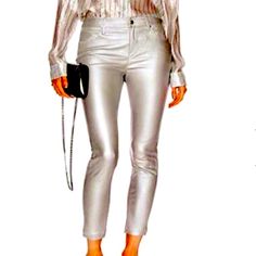 Amazing And Timeless Leather Silver Pants. Size Xs 24 Gray Leather Pants, Gray Leather Pant, Chic Silver Straight-leg Bottoms, Gray Metallic Jogger Pants, Silver Stretch Wide-leg Pants, Silver Pants, Leather Silver, Pant Jumpsuit, Pants For Women