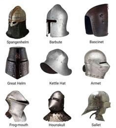 many different types of helmets are shown in this image, with the names on them