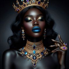 a woman with dark skin wearing a gold crown and blue lipstick is posing for the camera