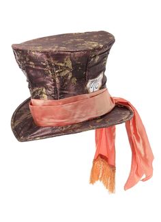 a brown hat with a pink ribbon around the brim and an orange tassel