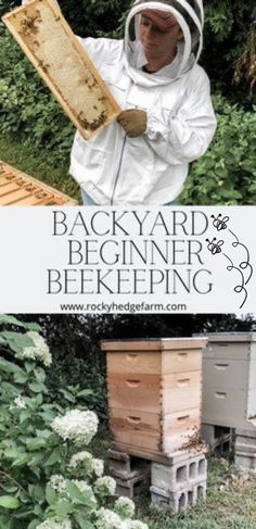 a man in bee suit holding up a frame with the words backyard beginer bee keeping