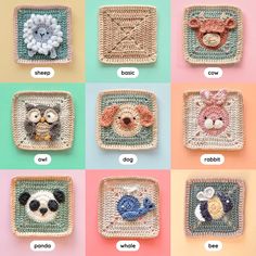 crocheted animals and their names are shown in different squares on the same color background