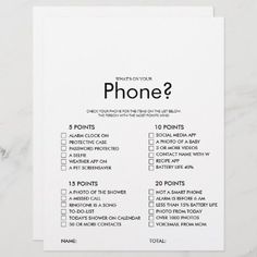 a phone checklist with the text what's your phone?