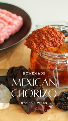 homemade mexican chorizo recipe and video with ingredients in glass jar on wooden table