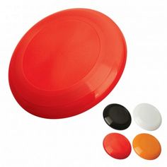 an orange frisbee with four different colored discs around it on a white background