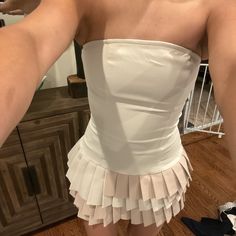 So Cute Strapless Cream Dress, White Mini Dress With Mini Hem For Night Out, White Mini Dress For Night Out With Mini Hem, White Mini Dress For Night Out, Trendy White Mini Dress For Going Out, White Pleated Mini Dress For Night Out, Pleated Mini Dress For Spring, Flirty White Dress For Going Out, Cream Dress